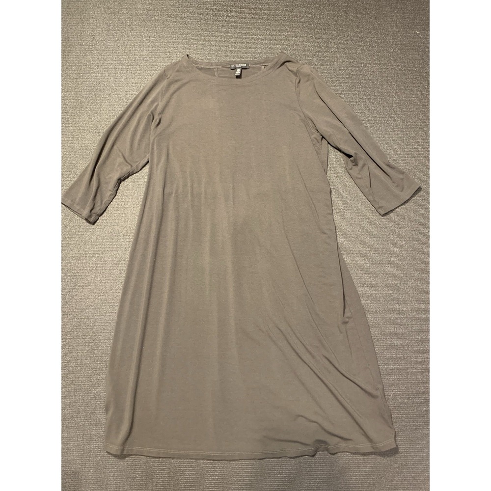 Eileen Fisher Jersey Dress Viscose 3/4 Sleeve  Stretch Solid Gray Knee Length PM